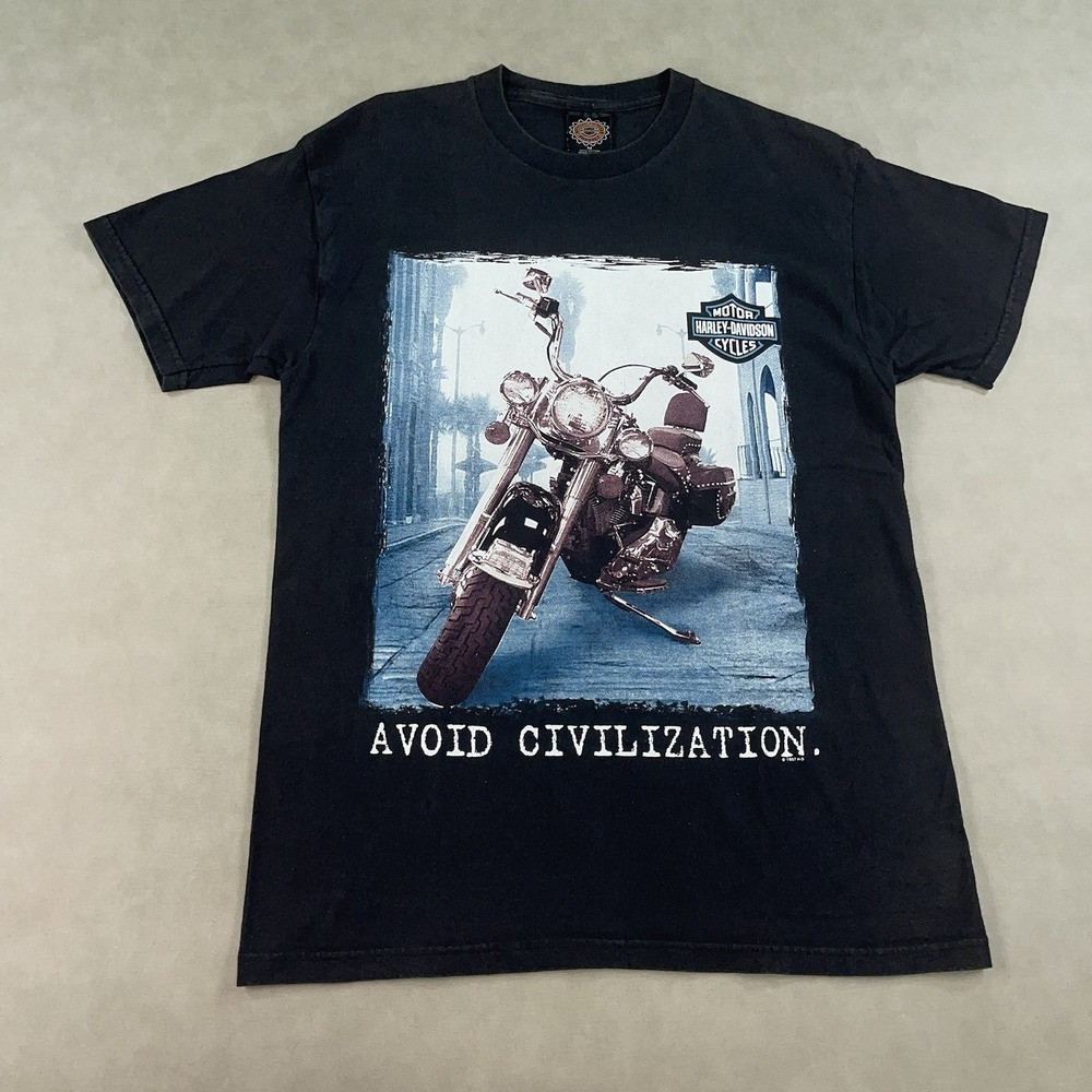 Vintage 1997‎ Harley Davidson T-Shirt Avoid Civilization Mens Medium Black